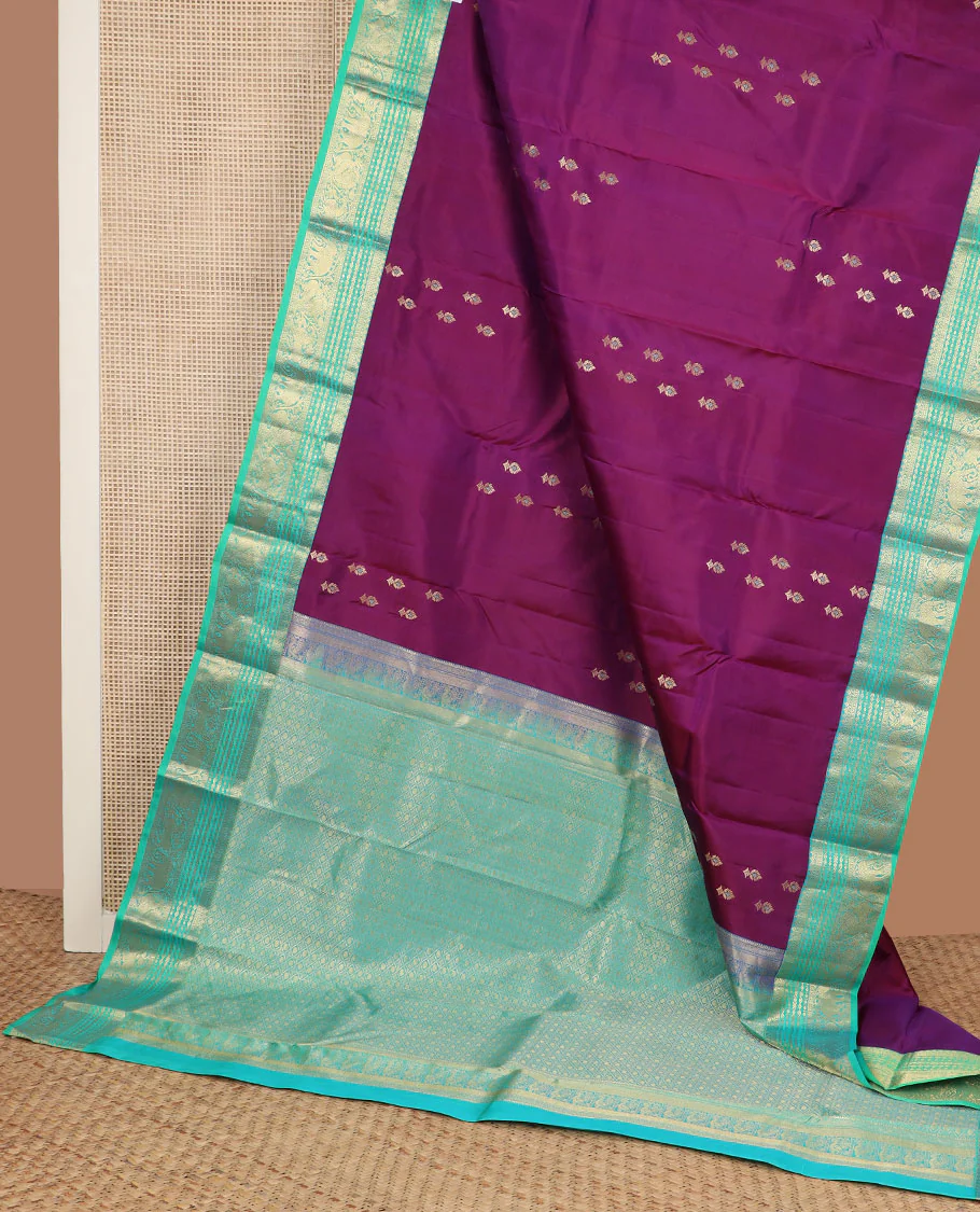 Purple meena zari buttas Vasundhara silk saree, contrast border of yaali,yaanai & mayil & pallu of jaal designs - Image 3