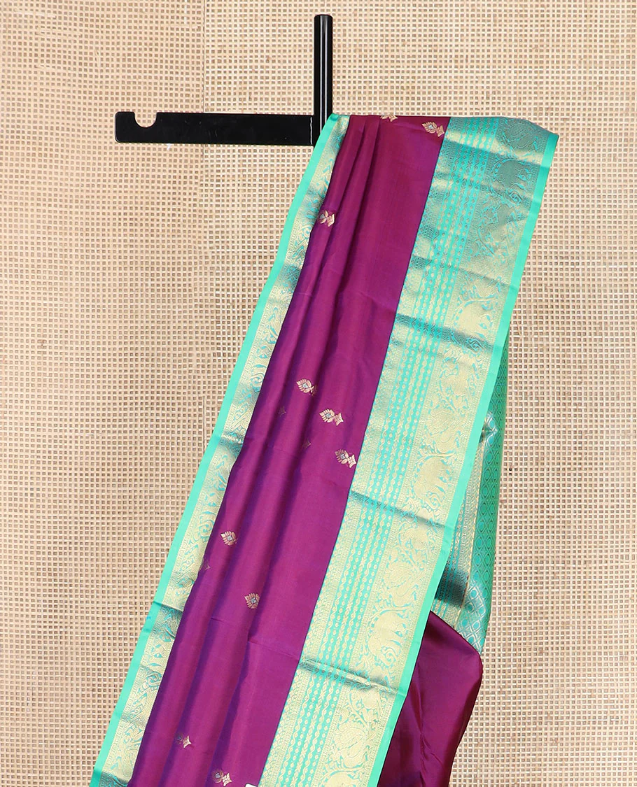 Purple meena zari buttas Vasundhara silk saree, contrast border of yaali,yaanai & mayil & pallu of jaal designs - Image 4