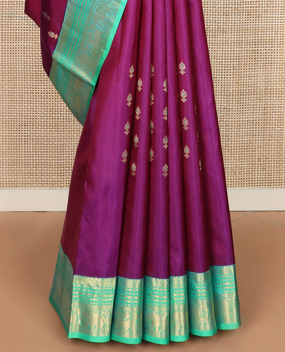 Purple meena zari buttas Vasundhara silk saree, contrast border of yaali,yaanai & mayil & pallu of jaal designs - Image 5