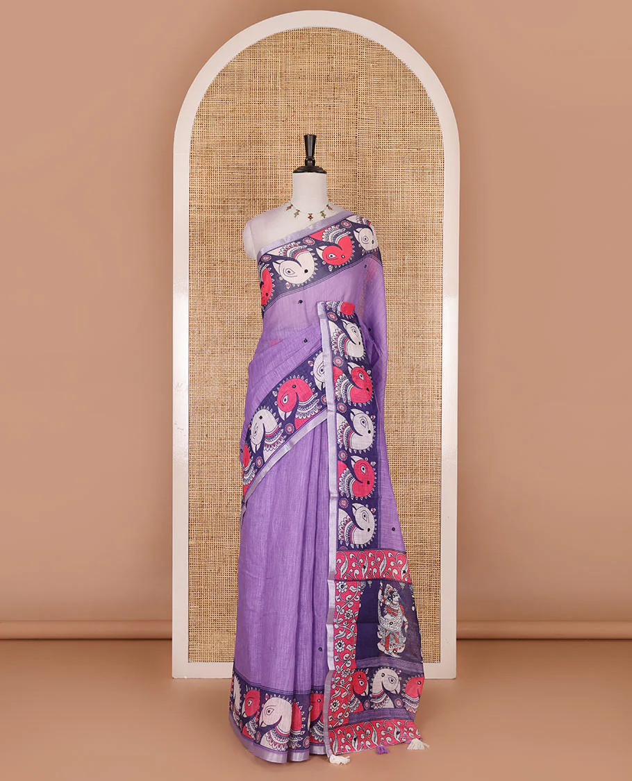 Purple mirror thread embroidered linen saree, contrast kalamkari peacock printed border, pallu of kalamkari peacock and human figurines print, and printed blouse - Image 2