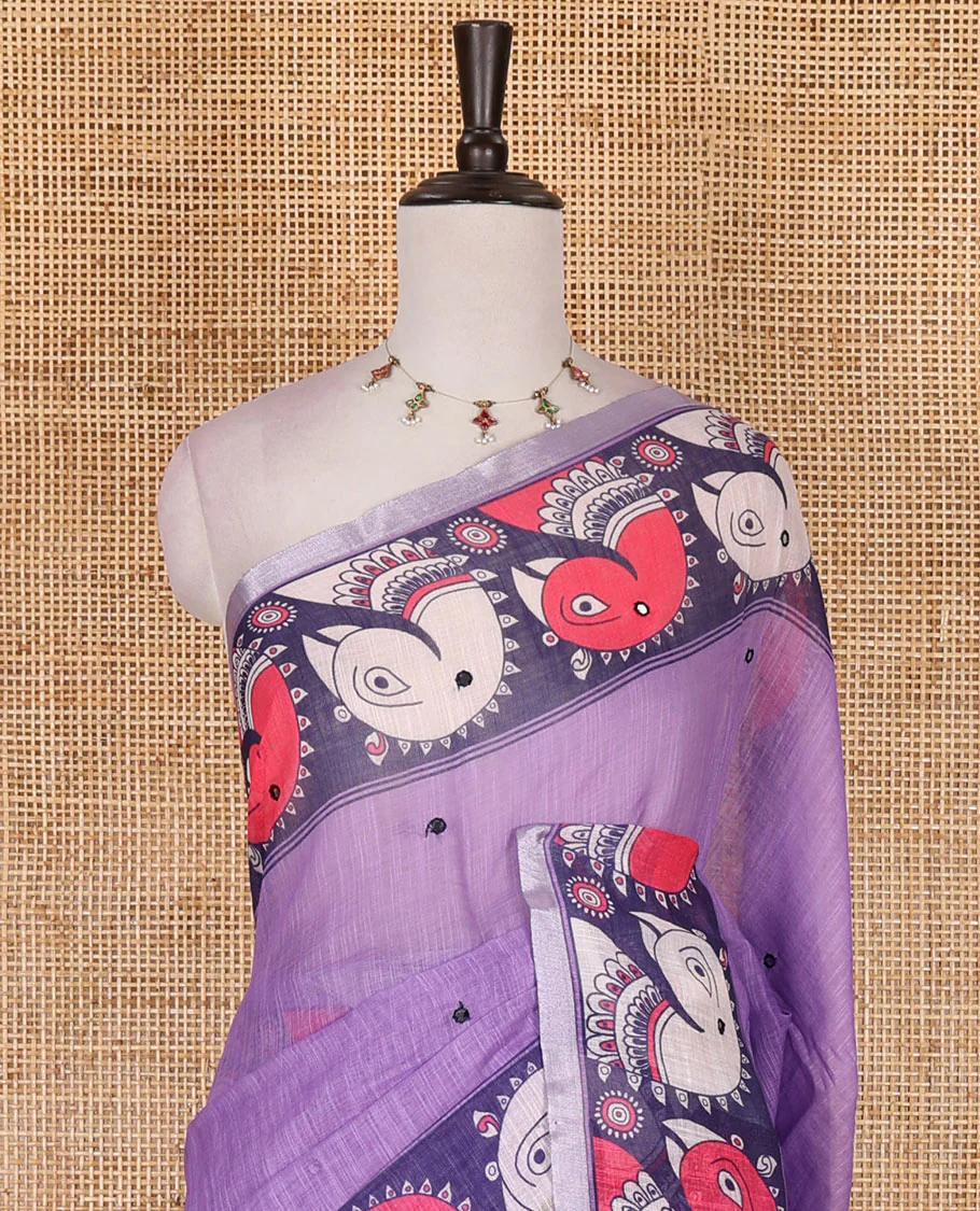 Purple mirror thread embroidered linen saree, contrast kalamkari peacock printed border, pallu of kalamkari peacock and human figurines print, and printed blouse - Image 3