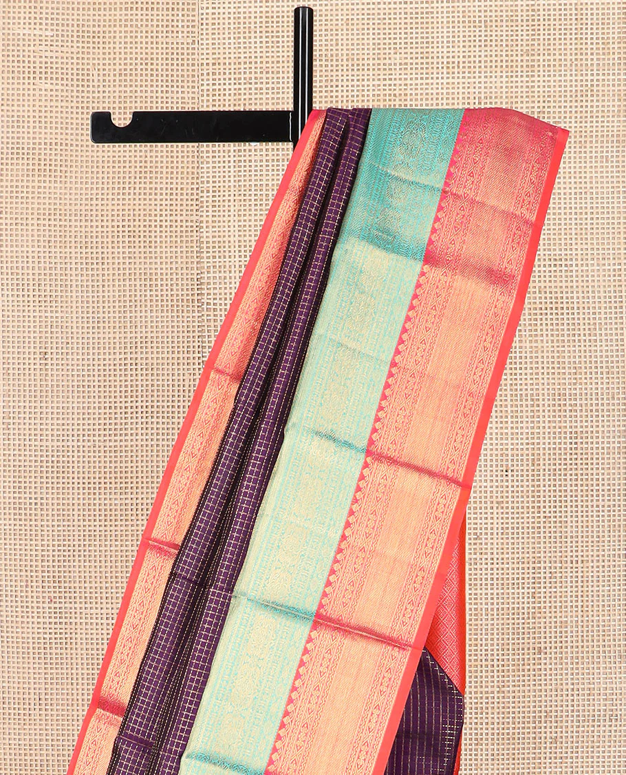 Purple muthu checked Kanchipuram silk saree, contrast korvai border of traditional designs, and jaal pallu - Image 2