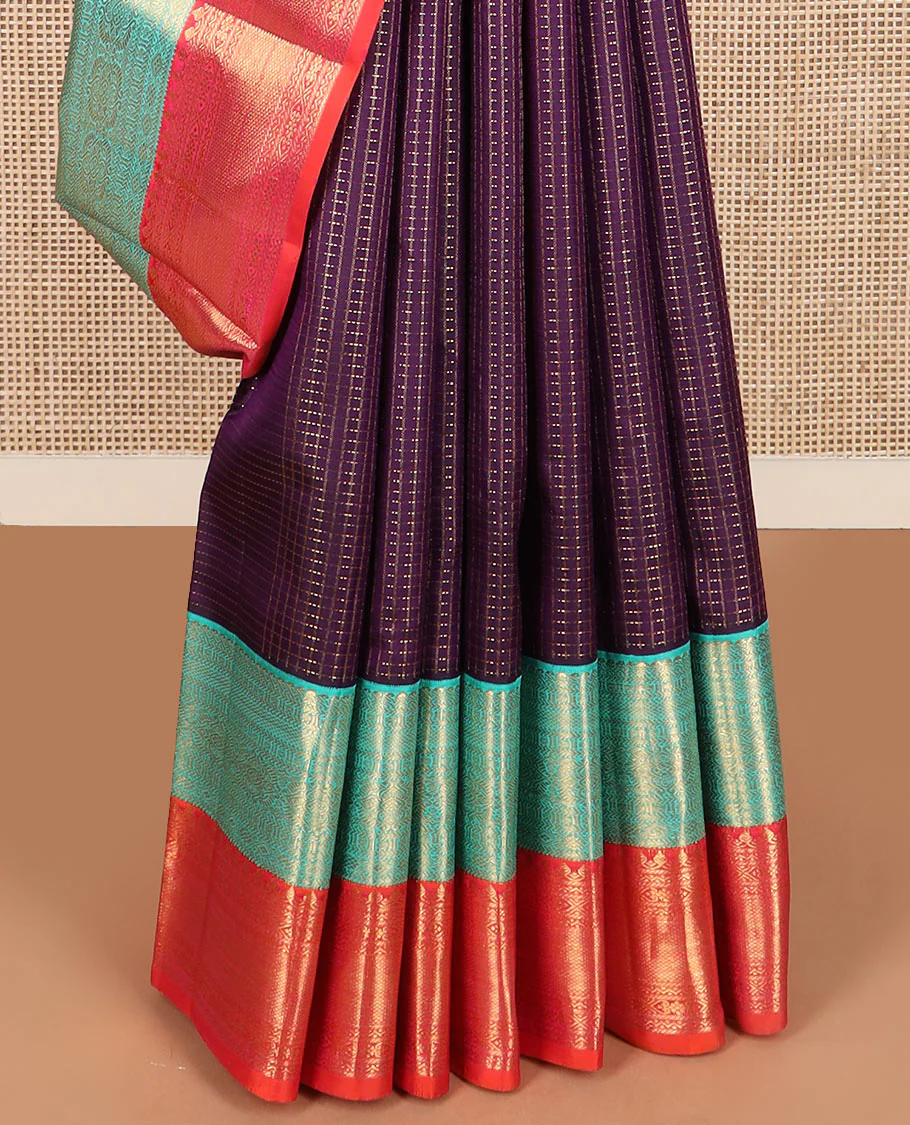 Purple muthu checked Kanchipuram silk saree, contrast korvai border of traditional designs, and jaal pallu - Image 3