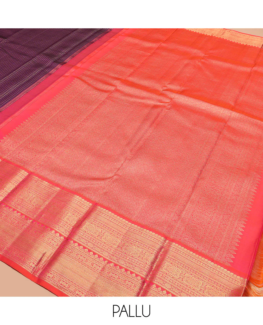 Purple muthu checked Kanchipuram silk saree, contrast korvai border of traditional designs, and jaal pallu - Image 4