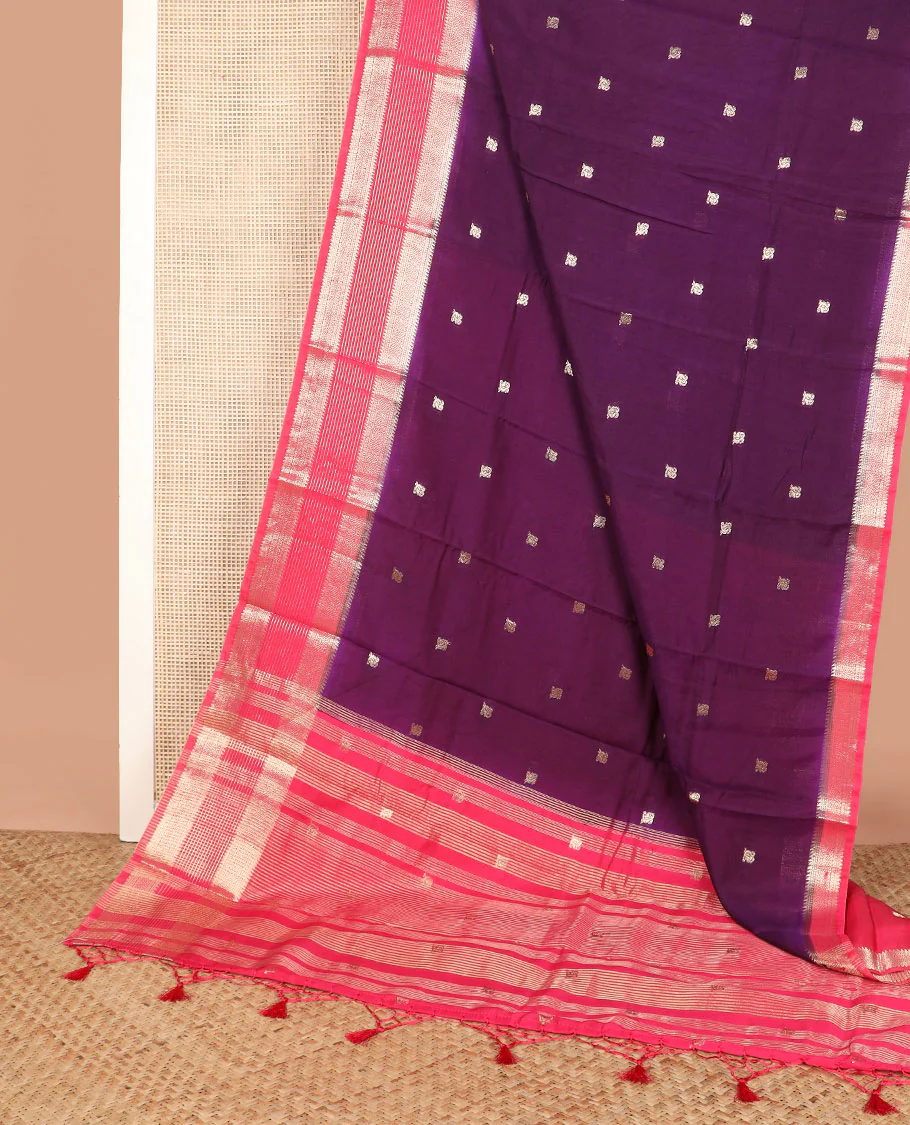 Purple peacock buttas assam silk saree, contrast traditional zari border, and pallu of zari design - Image 2