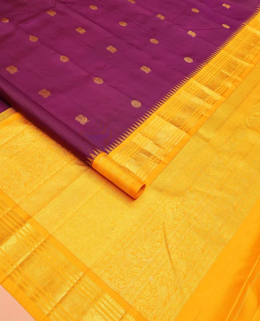 Purple peacock chakram buttas Bangalore silk saree, contrast temple traditional zari border, and pallu of traditional designs - Image 2