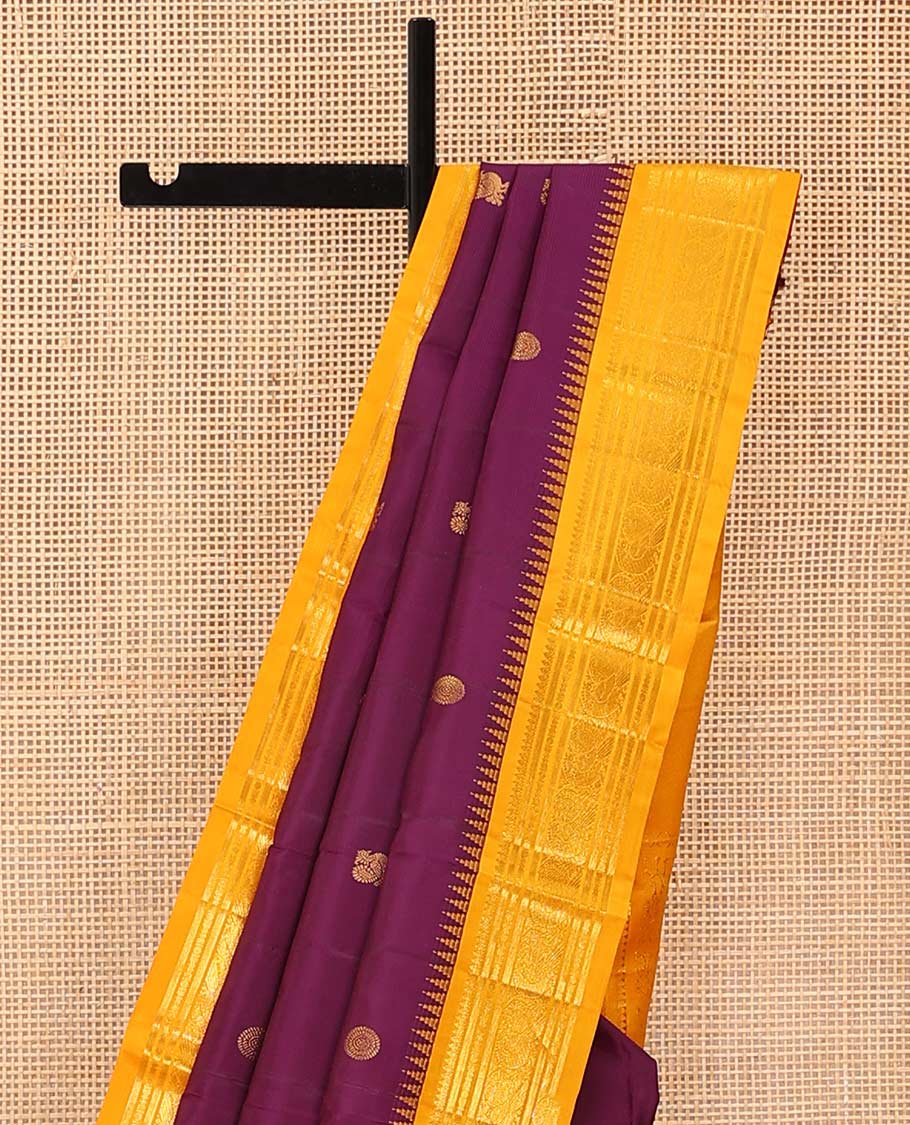 Purple peacock chakram buttas Bangalore silk saree, contrast temple traditional zari border, and pallu of traditional designs - Image 3