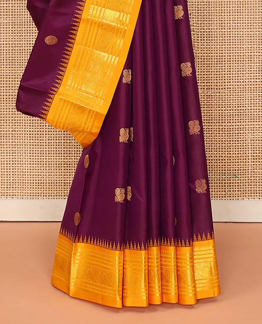 Purple peacock chakram buttas Bangalore silk saree, contrast temple traditional zari border, and pallu of traditional designs - Image 4