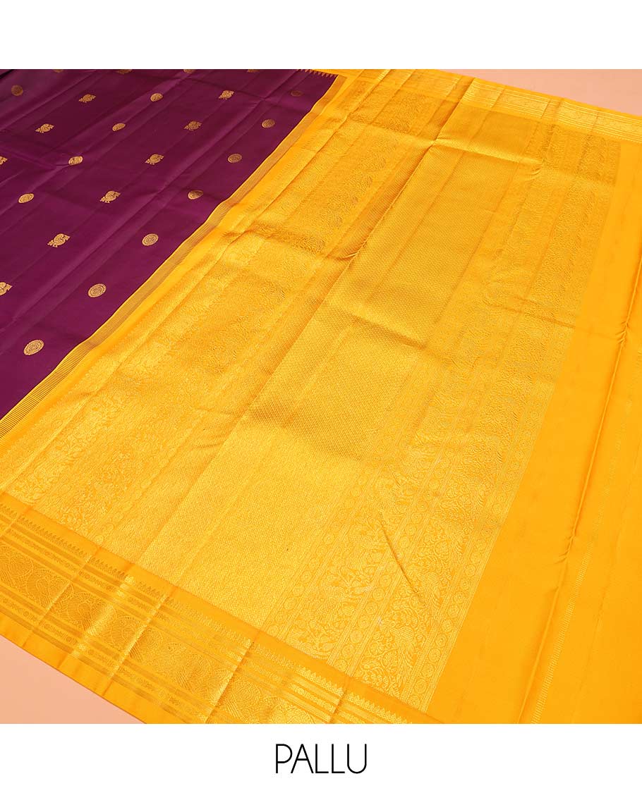Purple peacock chakram buttas Bangalore silk saree, contrast temple traditional zari border, and pallu of traditional designs - Image 5