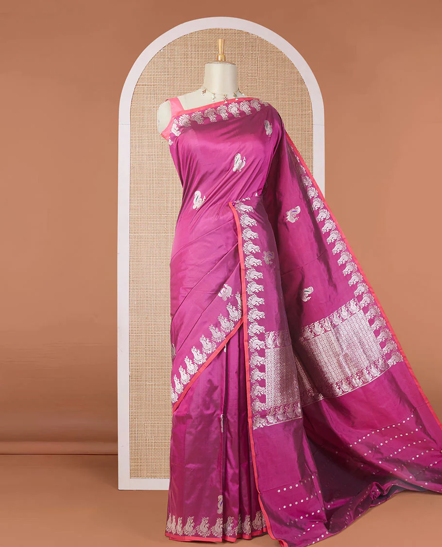 Purple peacock zari buttas katan silk saree, peacock motifs zari border & intricately designed zari pallu - Image 2