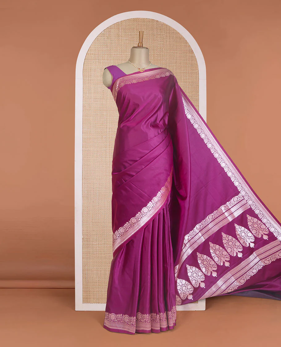 Purple plain Banaras Satin silk saree, traditional zari border of floral creeper design, and intricately zari woven pallu - Image 2