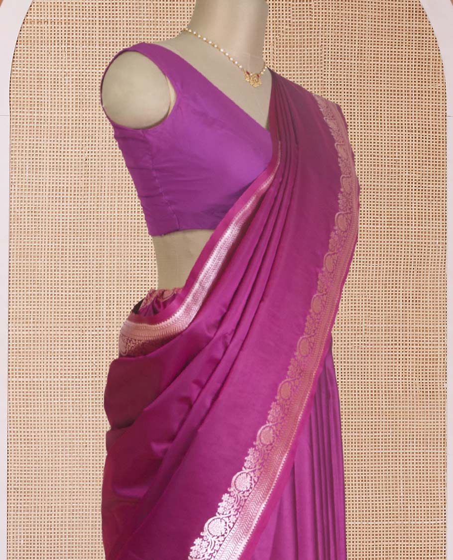 Purple plain Banaras Satin silk saree, traditional zari border of floral creeper design, and intricately zari woven pallu - Image 3
