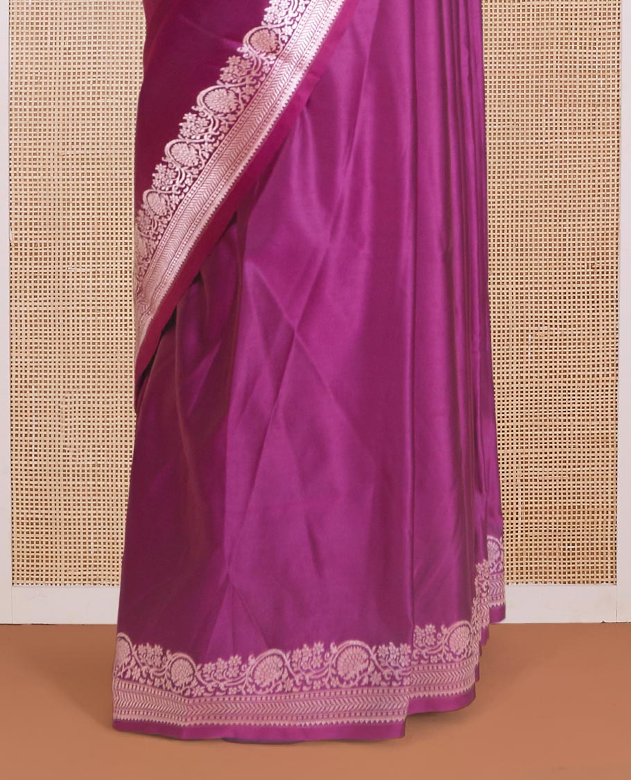 Purple plain Banaras Satin silk saree, traditional zari border of floral creeper design, and intricately zari woven pallu - Image 4