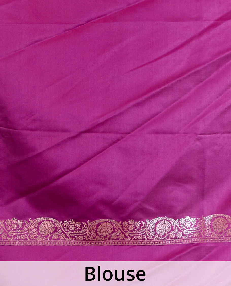 Purple plain Banaras Satin silk saree, traditional zari border of floral creeper design, and intricately zari woven pallu - Image 5