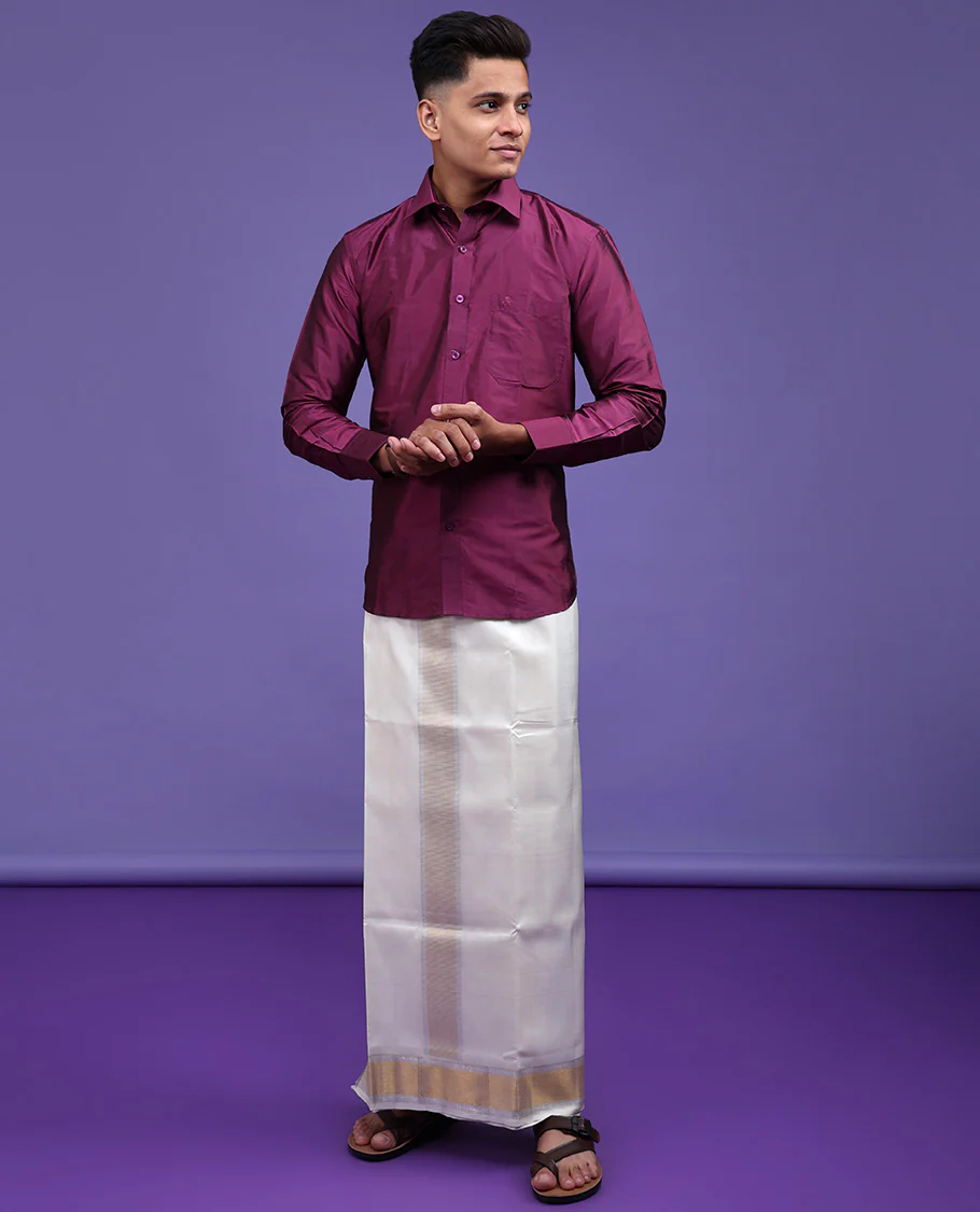 Purple plain design full-sleeve pure-silk shirt - Image 4