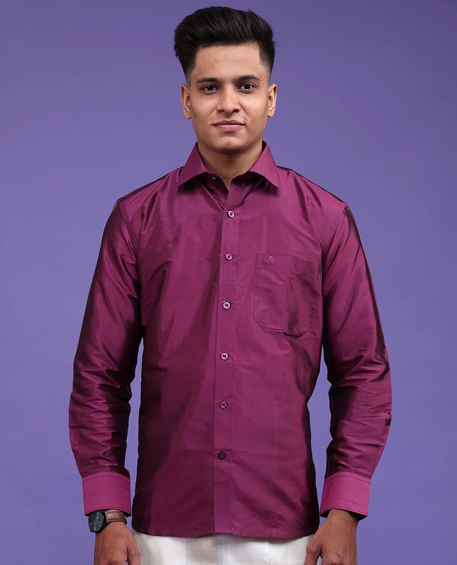 Purple plain design full-sleeve pure-silk shirt - Image 7