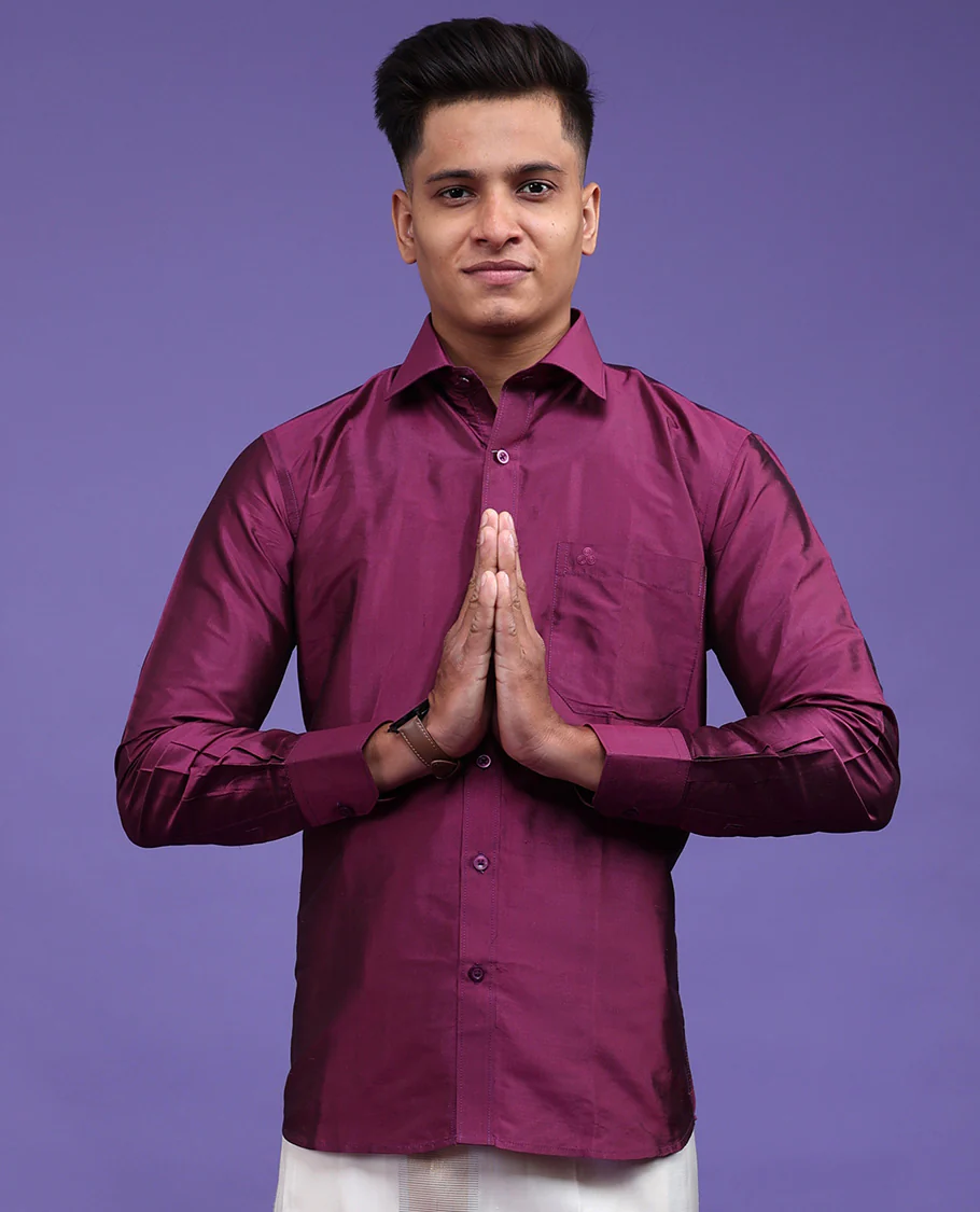 Purple plain design full-sleeve pure-silk shirt - Image 9
