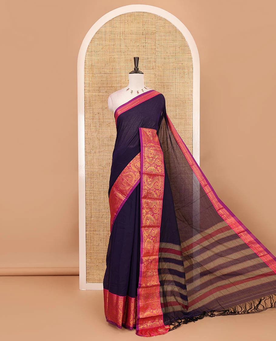 Purple plain design mercerised cotton saree, contrast traditional peacock enclosed manga border, striped pallu & matching blouse