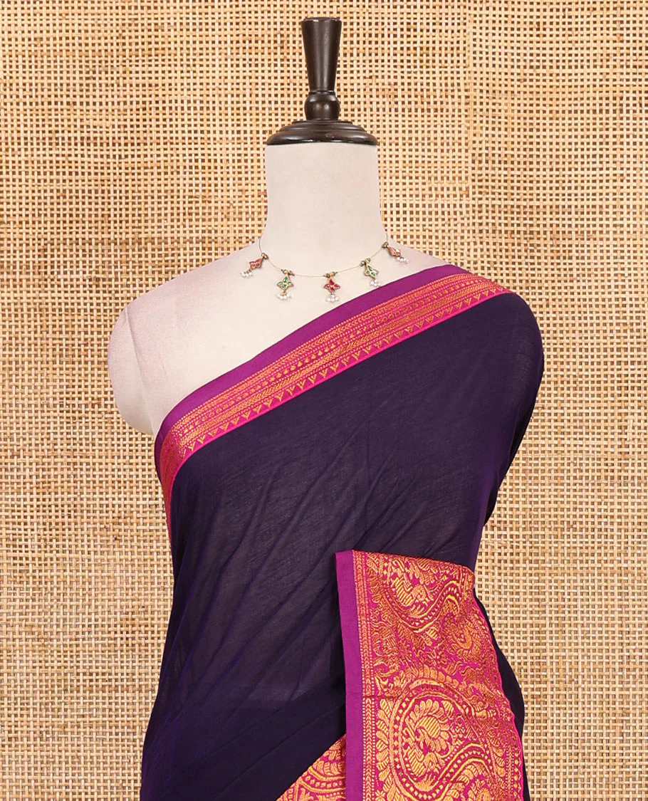 Purple plain design mercerised cotton saree, contrast traditional peacock enclosed manga border, striped pallu & matching blouse - Image 3