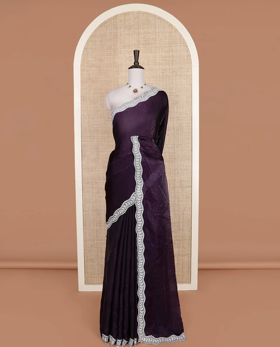 Purple plain designer saree, scallop intricately embroidered border - Image 2