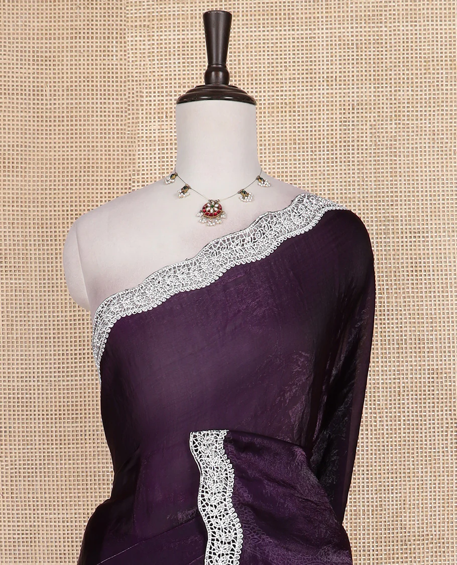 Purple plain designer saree, scallop intricately embroidered border - Image 3