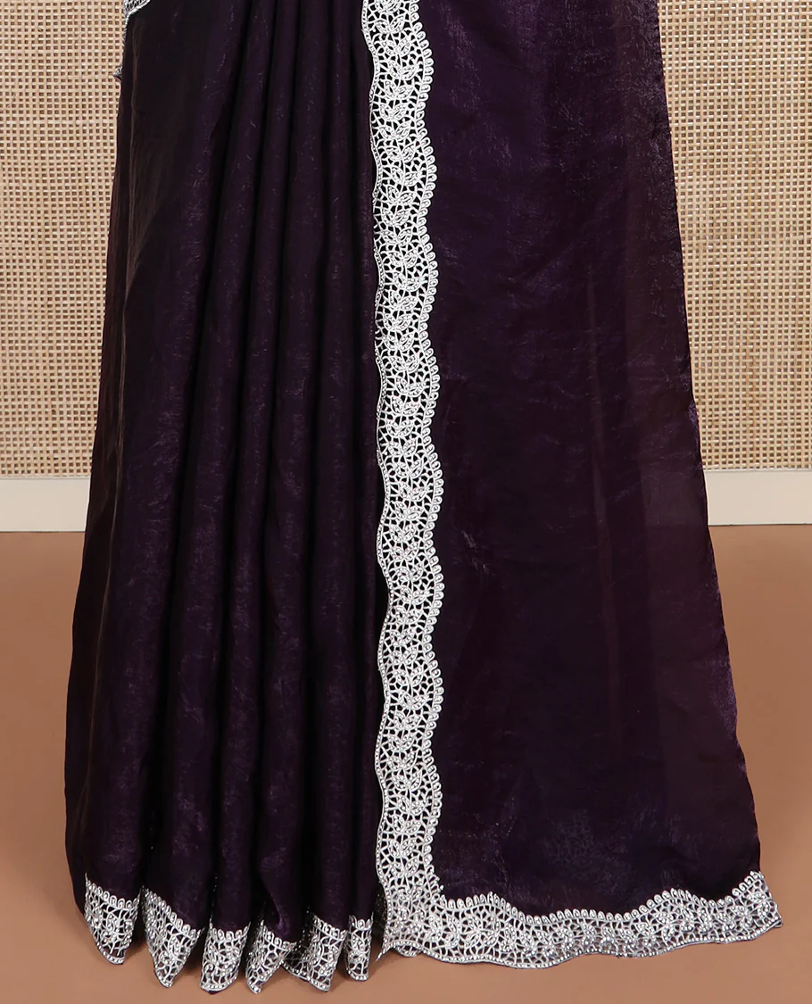 Purple plain designer saree, scallop intricately embroidered border - Image 4