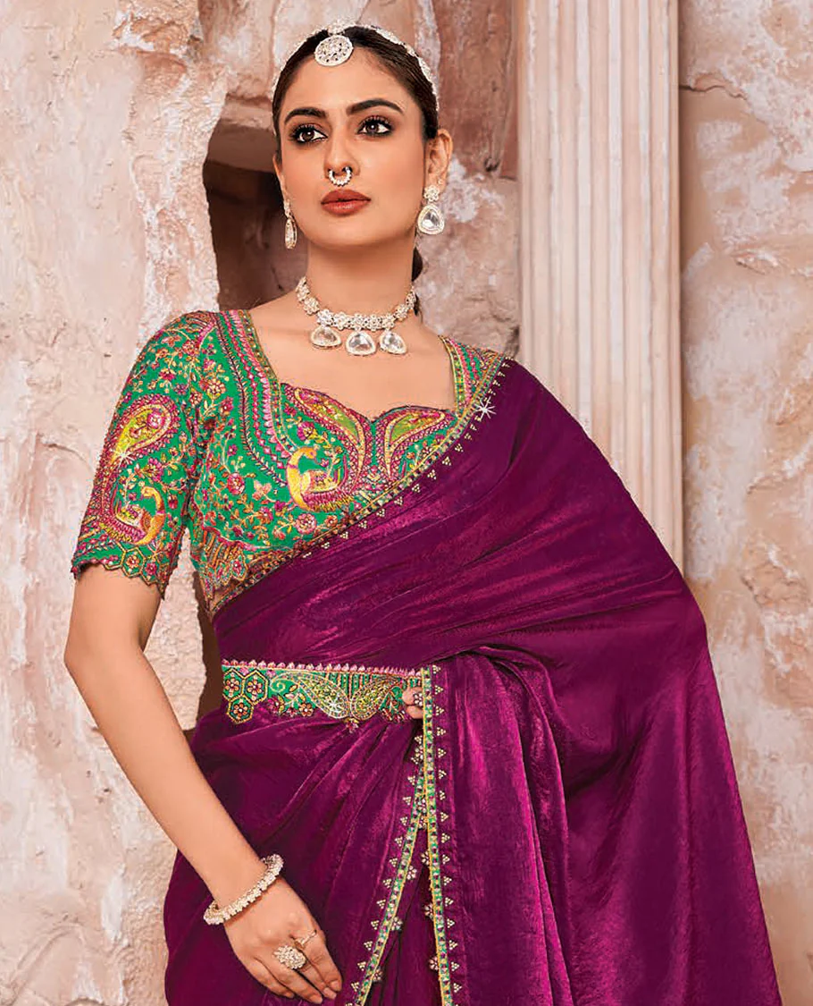 Purple Plain Designer Saree with Temple Lace Border, a Readymade Blouse, a Contrast Embroidered Belt, and a Pair of Free Embroidered Punjabi Shoes - Image 2