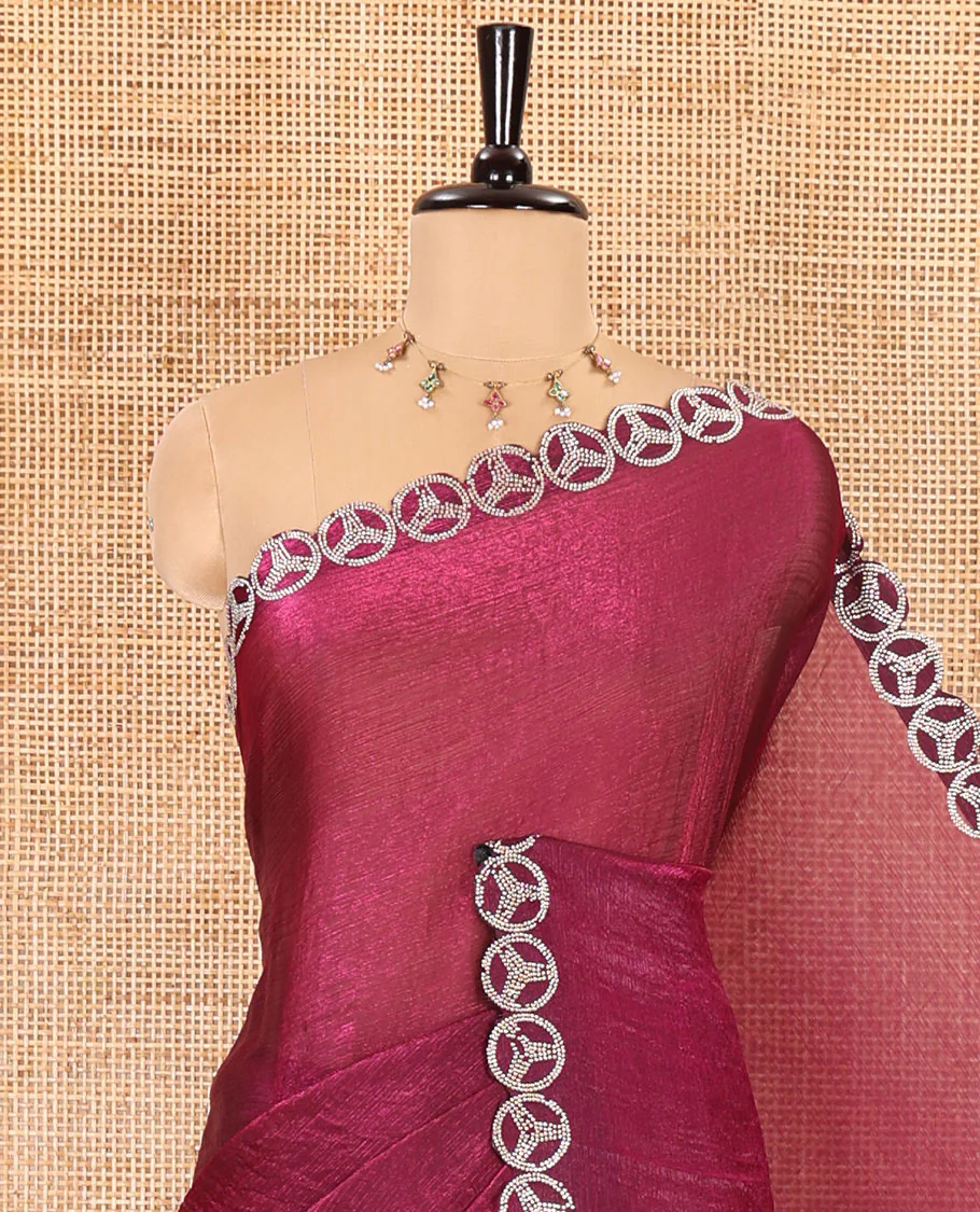 Purple plain fendy chiffon saree, scallop micro stone border, intricate stone work pallu, and a matching micro-stone blouse - Image 2