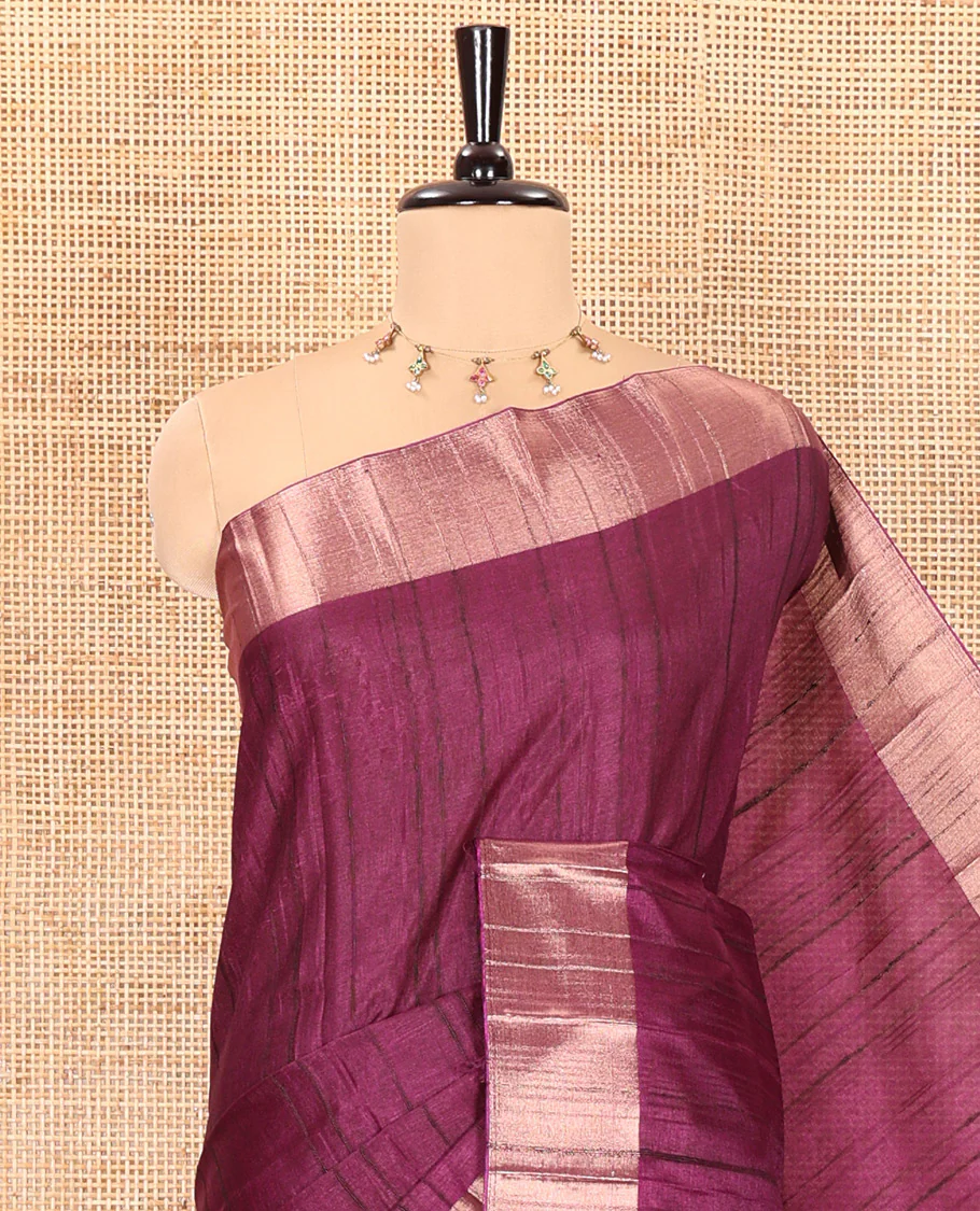 Purple plain ghicha woven fancy tussar silk saree, tissue small border, striped pallu, and a matching blouse - Image 2