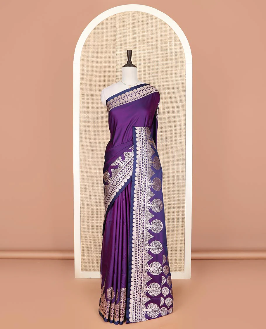 Purple plain mushru silk saree, self-border of scallop design, floral, and tree motifs, and intricately designed pallu - Image 2