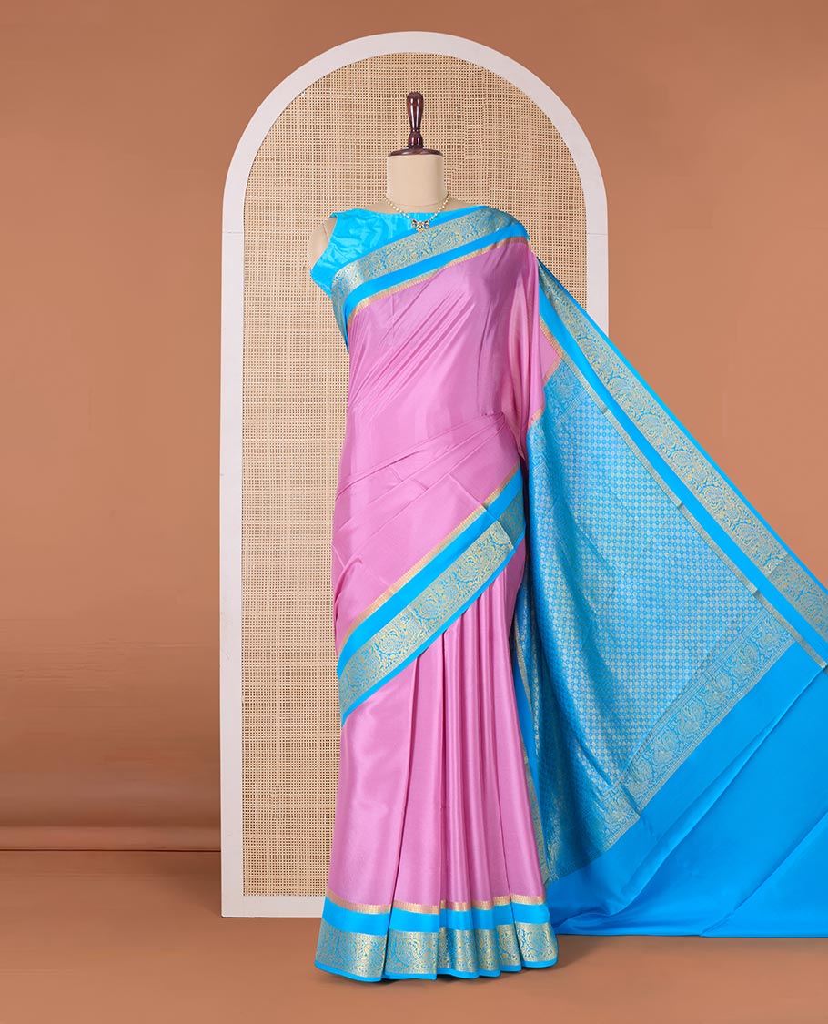 Purple plain Mysore silk saree, contrast rettai pettu peacock motifs zari border, and pallu of jaal design - Image 2