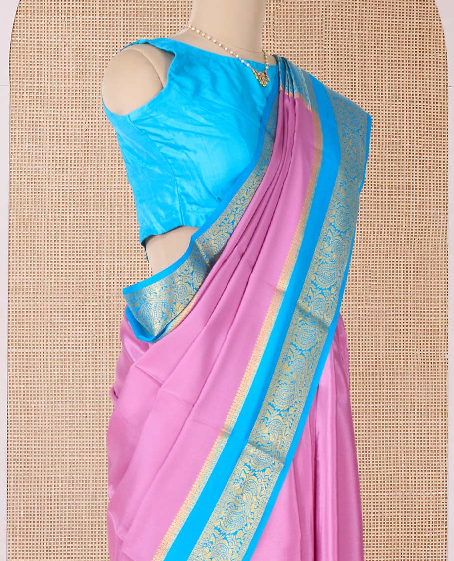 Purple plain Mysore silk saree, contrast rettai pettu peacock motifs zari border, and pallu of jaal design - Image 3