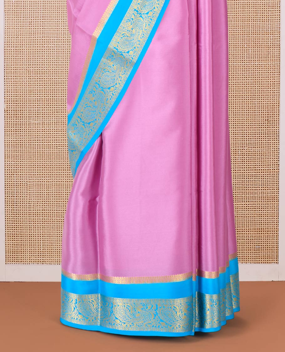 Purple plain Mysore silk saree, contrast rettai pettu peacock motifs zari border, and pallu of jaal design - Image 4