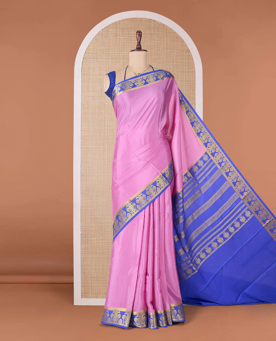 Purple plain Mysore silk saree, contrast two-headed eagle border, and pallu of traditional designs - Image 2