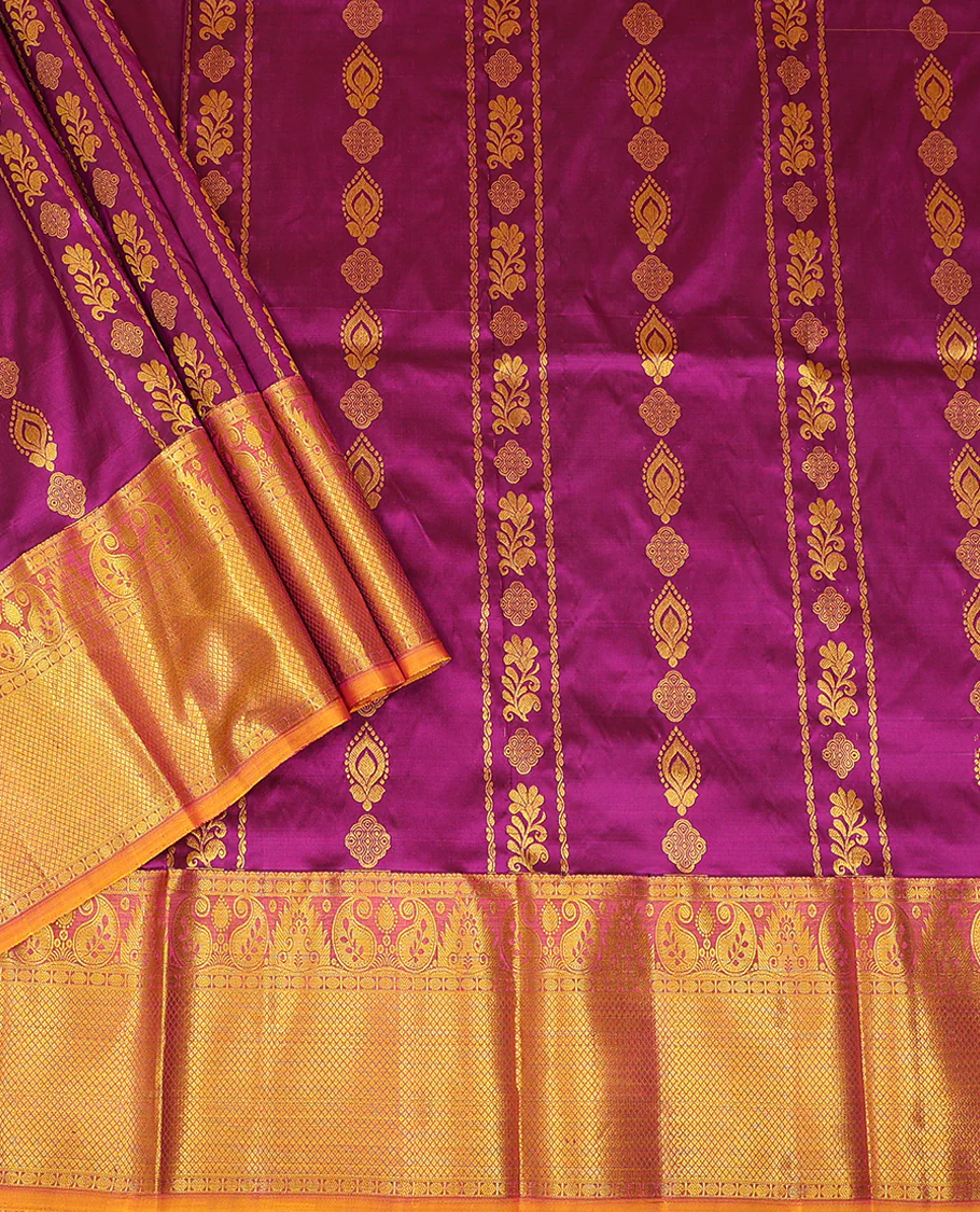 Purple Pure Silk Half-Saree Artfully Detailed with Zari Designs on its Skirt, Complemented by a Contrast Border Featuring Neli, Manga, Rekku, Rudraksham, And Mayil Kann, Comes with a Contrast Blouse and a Dhavani of Anna Chakram Designs - Image 2