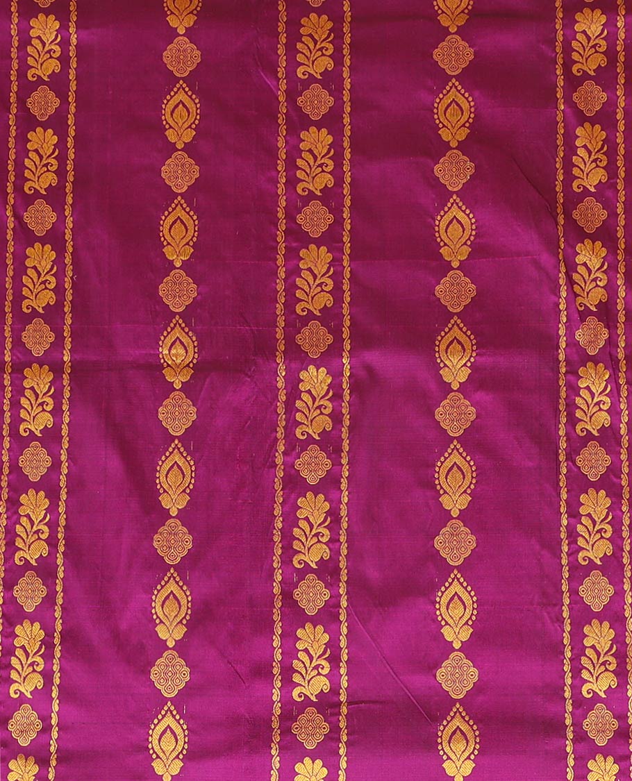 Purple Pure Silk Half-Saree Artfully Detailed with Zari Designs on its Skirt, Complemented by a Contrast Border Featuring Neli, Manga, Rekku, Rudraksham, And Mayil Kann, Comes with a Contrast Blouse and a Dhavani of Anna Chakram Designs - Image 4