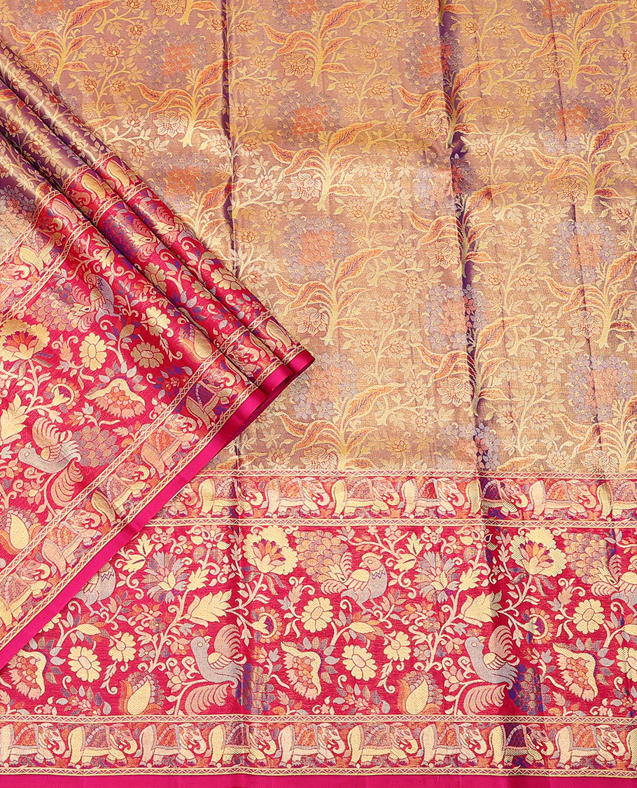 Purple Pure Silk Half-Saree Richly Detailed with Floral Jacquard Design on Its Skirt, Complemented by a Contrast Meenakari Border Featuring Mayil and Yaanai Designs, Comes with a Contrast Jacquard Blouse and a Dhavani of Manga Designs - Image 2