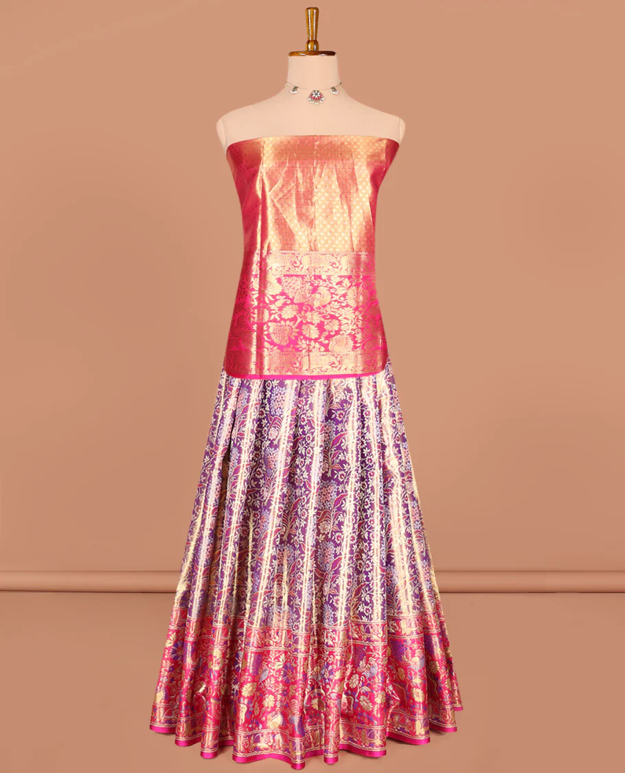 Purple Pure Silk Half-Saree Richly Detailed with Floral Jacquard Design on Its Skirt, Complemented by a Contrast Meenakari Border Featuring Mayil and Yaanai Designs, Comes with a Contrast Jacquard Blouse and a Dhavani of Manga Designs - Image 3