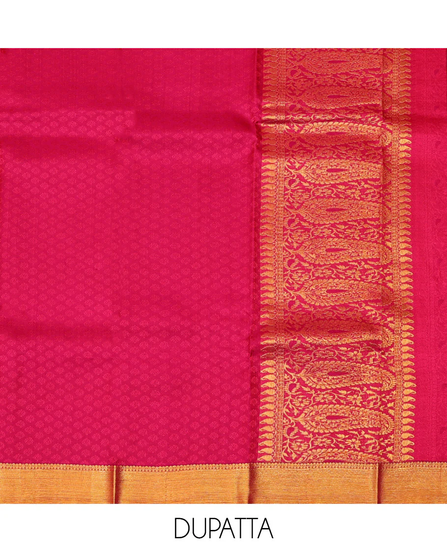 Purple Pure Silk Half-Saree Richly Detailed with Floral Jacquard Design on Its Skirt, Complemented by a Contrast Meenakari Border Featuring Mayil and Yaanai Designs, Comes with a Contrast Jacquard Blouse and a Dhavani of Manga Designs - Image 5