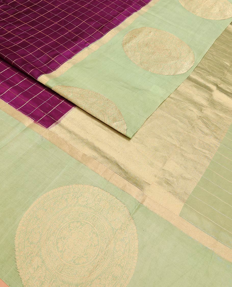 Purple Raw Mango Silk Saree Enthralled with Checks, Features a Contrast Chakram Motifs Border, a Zari-Elevated Pallu, and Paired with a Contrast Blouse - Image 2