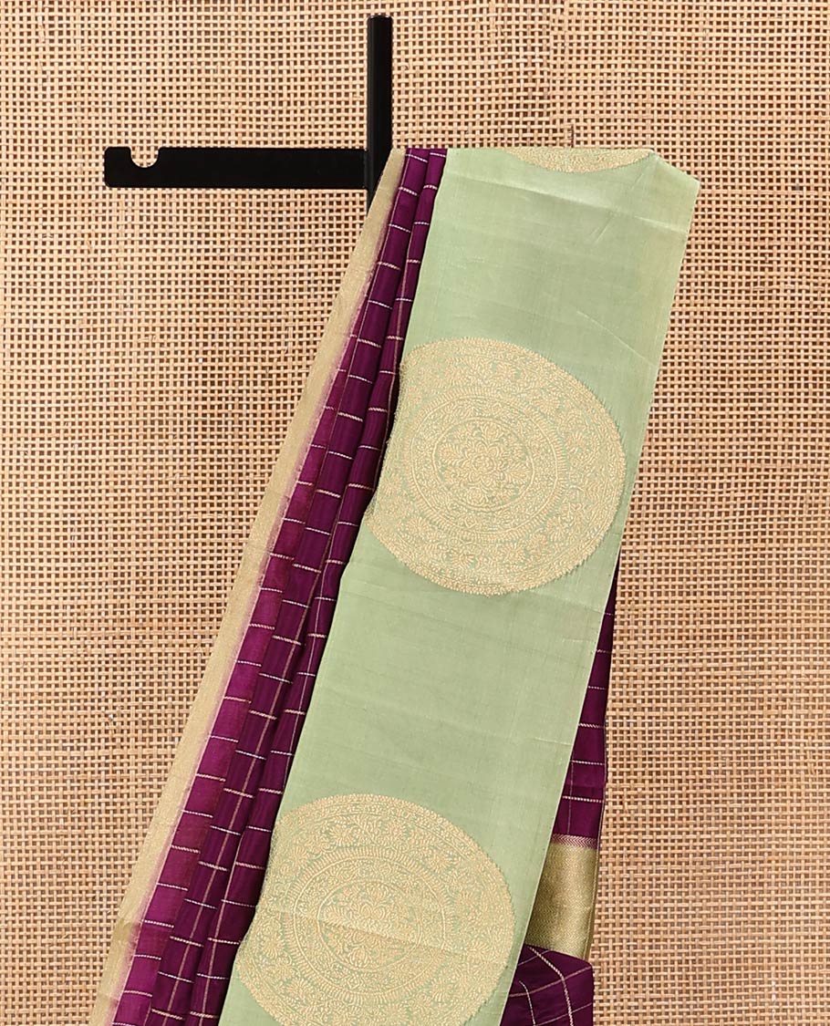 Purple Raw Mango Silk Saree Enthralled with Checks, Features a Contrast Chakram Motifs Border, a Zari-Elevated Pallu, and Paired with a Contrast Blouse - Image 3