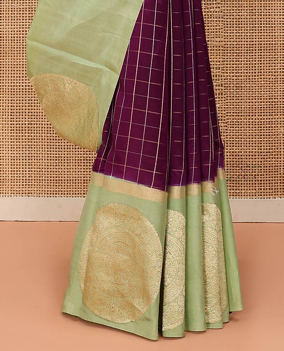 Purple Raw Mango Silk Saree Enthralled with Checks, Features a Contrast Chakram Motifs Border, a Zari-Elevated Pallu, and Paired with a Contrast Blouse - Image 4