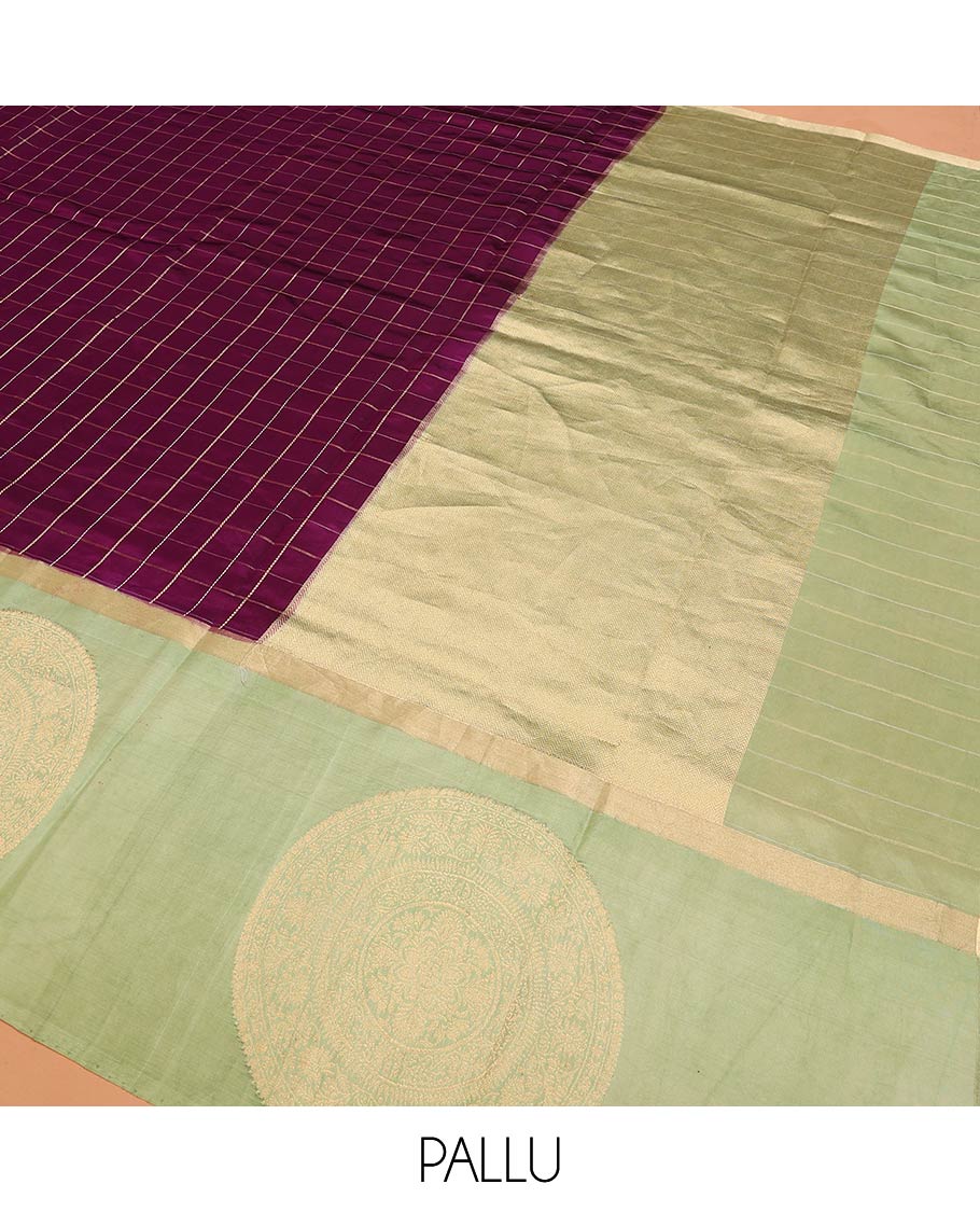 Purple Raw Mango Silk Saree Enthralled with Checks, Features a Contrast Chakram Motifs Border, a Zari-Elevated Pallu, and Paired with a Contrast Blouse - Image 5
