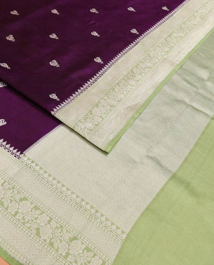 Purple Raw Mango Silk Saree Highlighted by Floral Buttas, Featuring a Contrast Traditional Zari Design Border, a Pallu Elevated with Chevron Stripes, Paired with a Contrast Brocade Blouse - Image 2