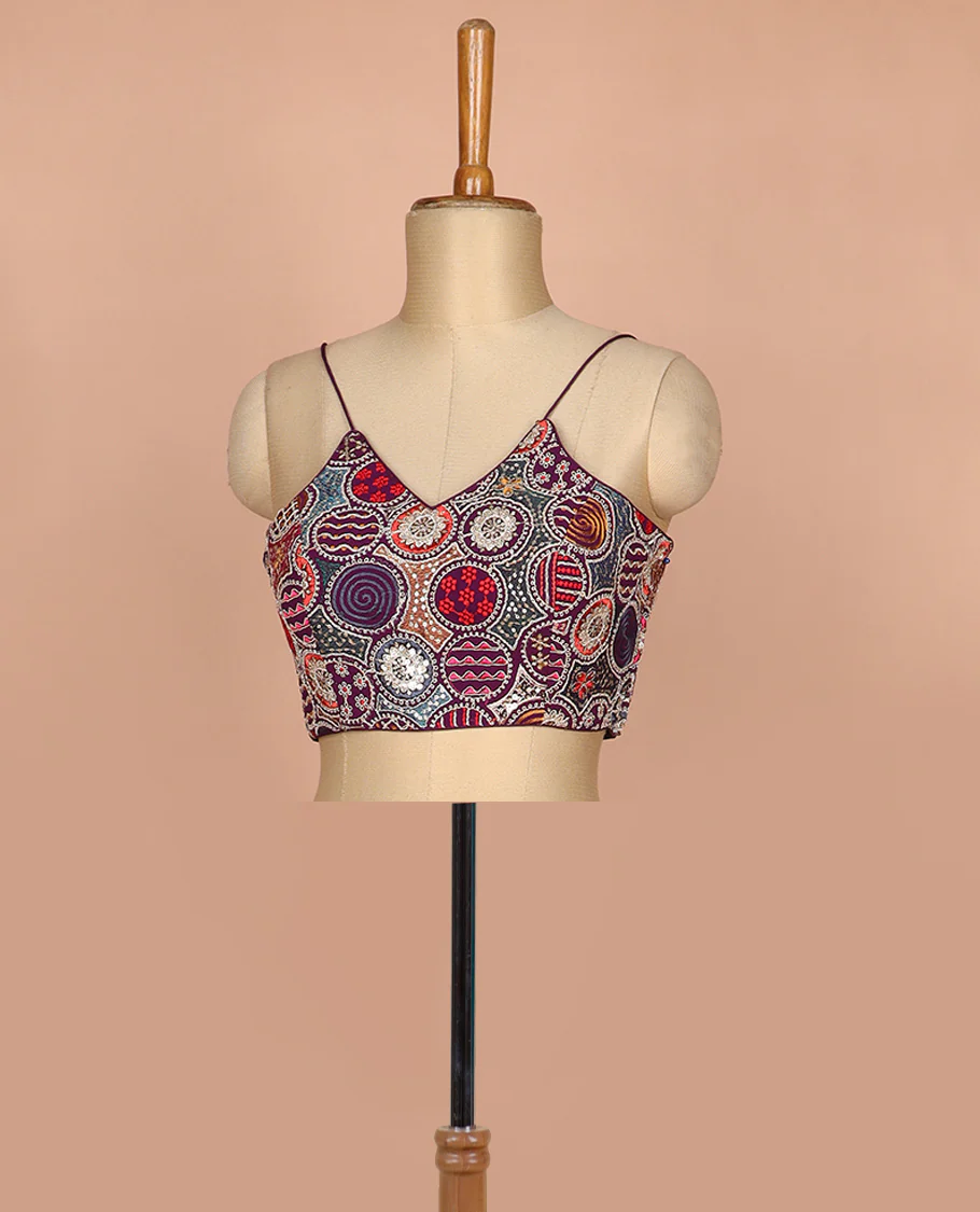Purple resham thread and sequins embroidered spaghetti sleeve V-neck readymade blouse