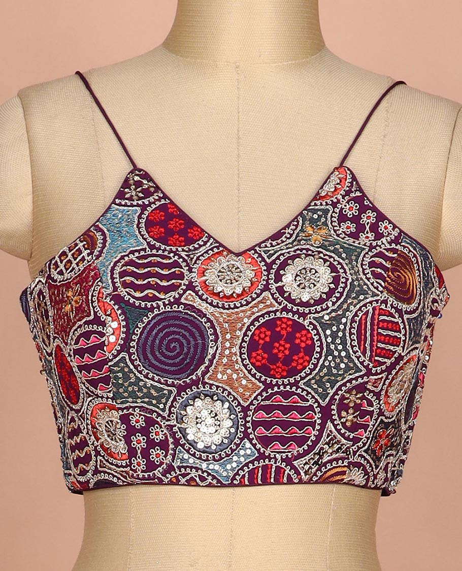 Purple resham thread and sequins embroidered spaghetti sleeve V-neck readymade blouse - Image 3