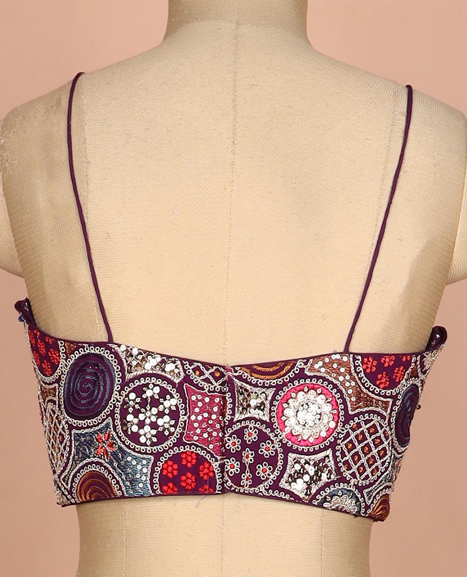 Purple resham thread and sequins embroidered spaghetti sleeve V-neck readymade blouse - Image 4