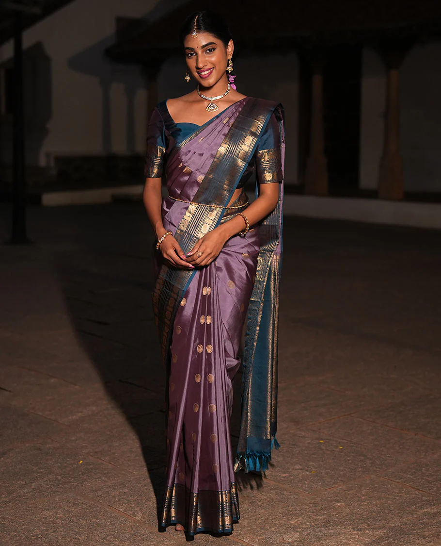 Purple Rudraksham Buttas Silk Saree, Contrast Zari Border of Mayil, Chakram, Diamond, and Cross-Neli Designs, and Zari-Rich Intricate Pallu