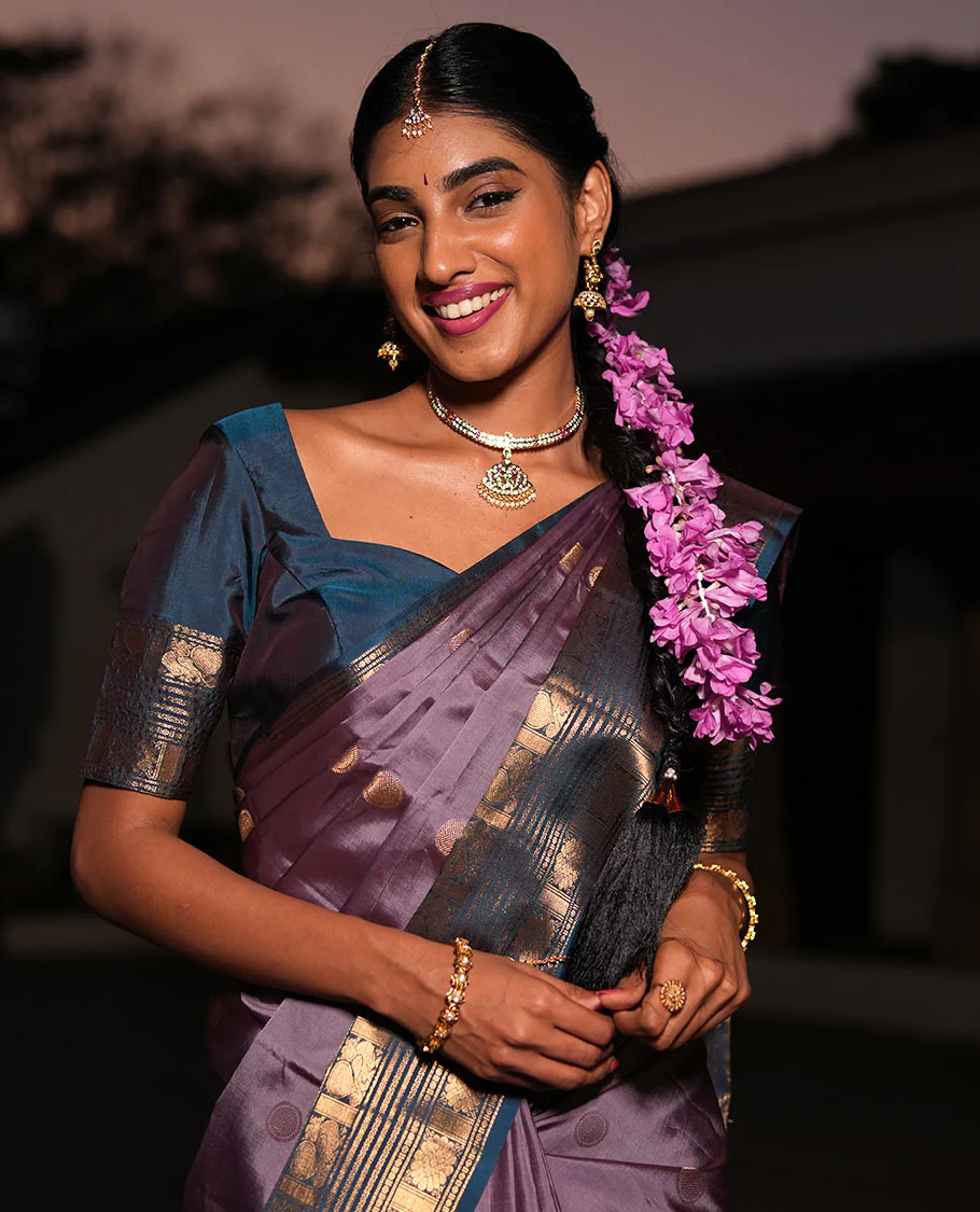 Purple Rudraksham Buttas Silk Saree, Contrast Zari Border of Mayil, Chakram, Diamond, and Cross-Neli Designs, and Zari-Rich Intricate Pallu - Image 3