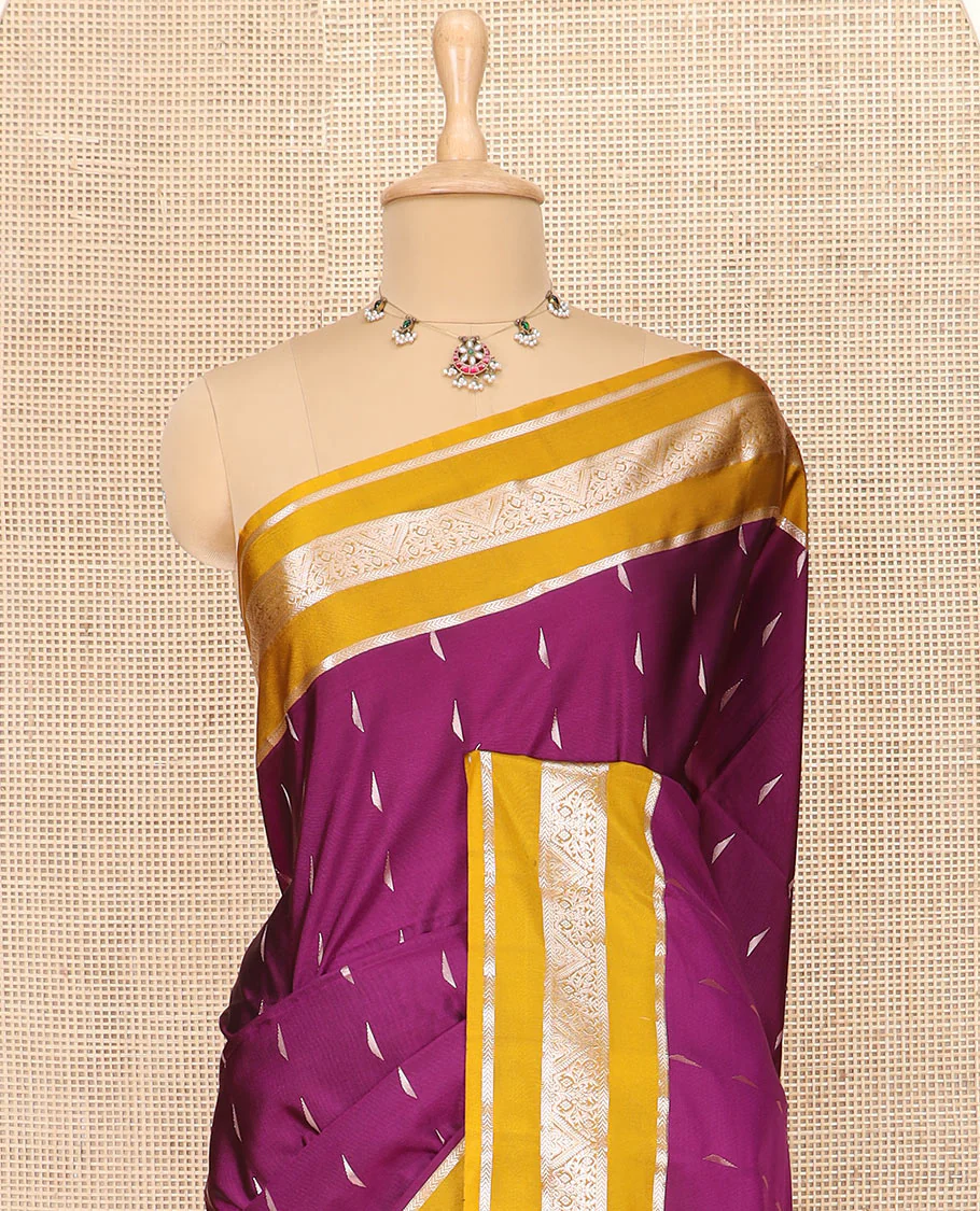 Purple Semi-Soft Silk Saree Ornamented with Zari Buttas Woven Across Its Body, Complemented by a Contrast Varisai Pettu Traditional Zari Border, Grandly Decked Up Pallu of Jaal Designs, and Paired with a Contrast Blouse - Image 2